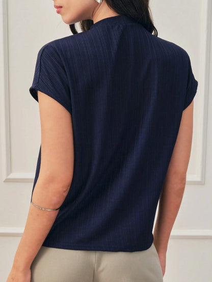 Blusa Gola Plissada Manga Curta Social Elegante Tecido Texturizado