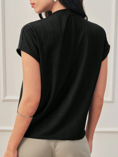 Blusa Gola Plissada Manga Curta Social Elegante Tecido Texturizado