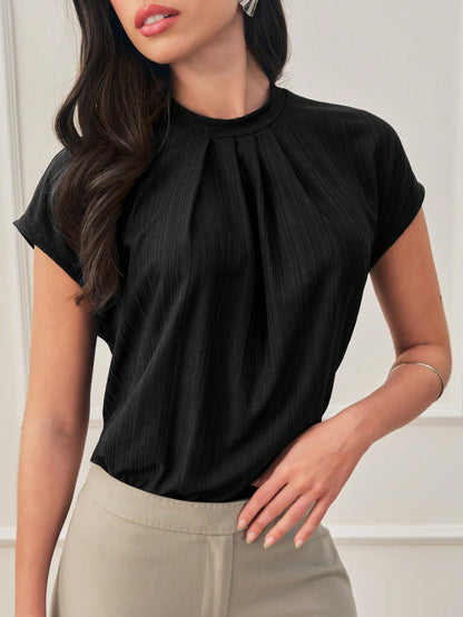 Blusa Gola Plissada Manga Curta Social Elegante Tecido Texturizado