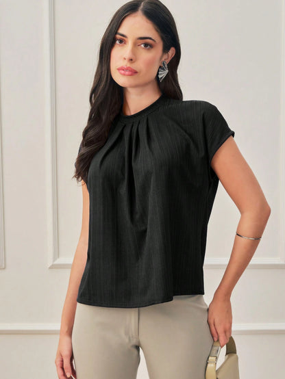 Blusa Gola Plissada Manga Curta Social Elegante Tecido Texturizado