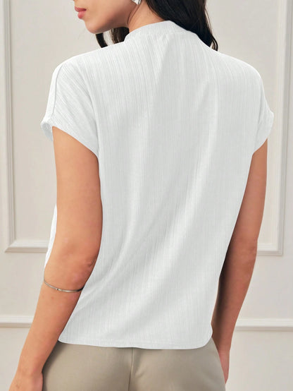 Blusa Gola Plissada Manga Curta Social Elegante Tecido Texturizado