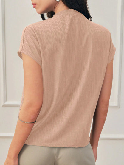 Blusa Gola Plissada Manga Curta Social Elegante Tecido Texturizado