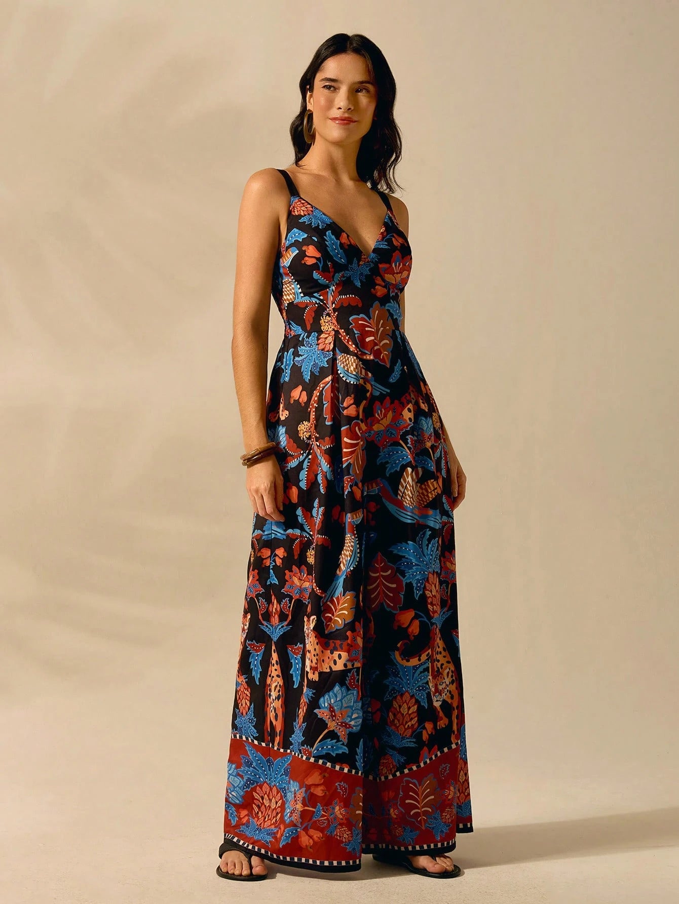 CAJUNI Macacão Preto Longo Estampado com Estampa Boêmia de Leopardo, Abacaxi, Flora e Fauna Tropical, Sem Manga, Casual de Praia de Férias de Verão