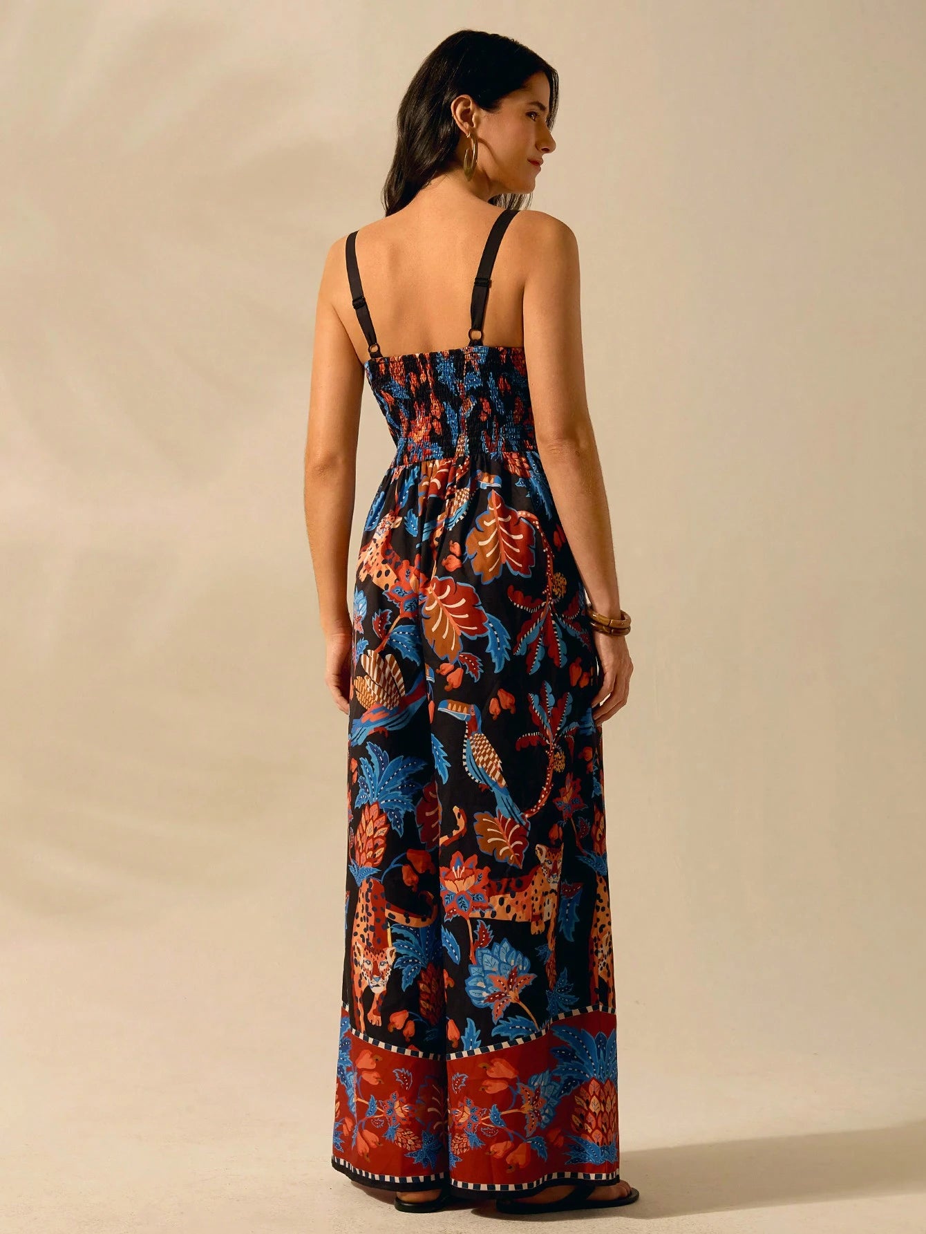 CAJUNI Macacão Preto Longo Estampado com Estampa Boêmia de Leopardo, Abacaxi, Flora e Fauna Tropical, Sem Manga, Casual de Praia de Férias de Verão