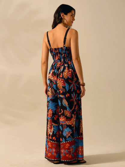 CAJUNI Macacão Preto Longo Estampado com Estampa Boêmia de Leopardo, Abacaxi, Flora e Fauna Tropical, Sem Manga, Casual de Praia de Férias de Verão