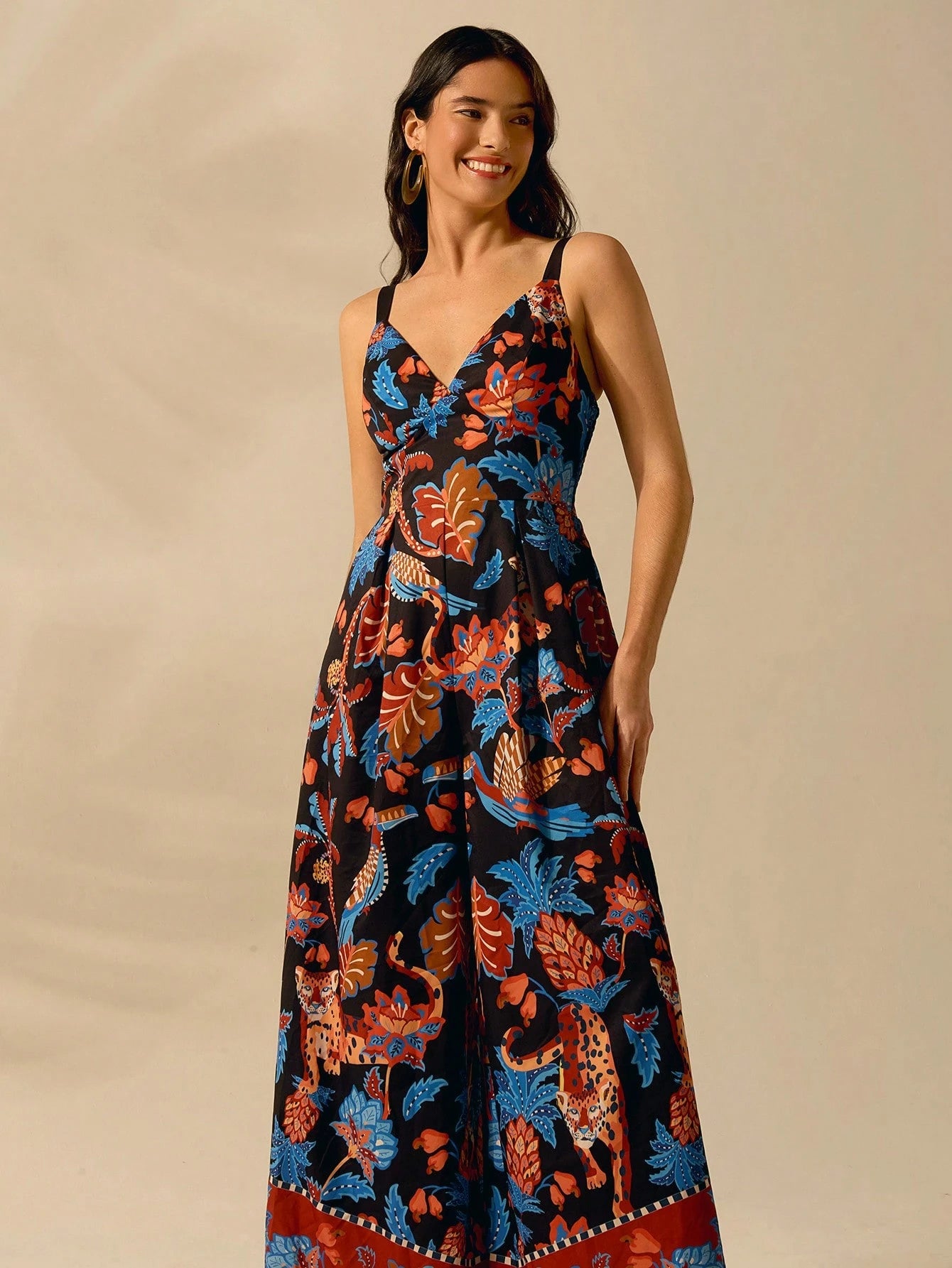 CAJUNI Macacão Preto Longo Estampado com Estampa Boêmia de Leopardo, Abacaxi, Flora e Fauna Tropical, Sem Manga, Casual de Praia de Férias de Verão