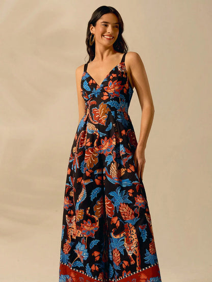 CAJUNI Macacão Preto Longo Estampado com Estampa Boêmia de Leopardo, Abacaxi, Flora e Fauna Tropical, Sem Manga, Casual de Praia de Férias de Verão