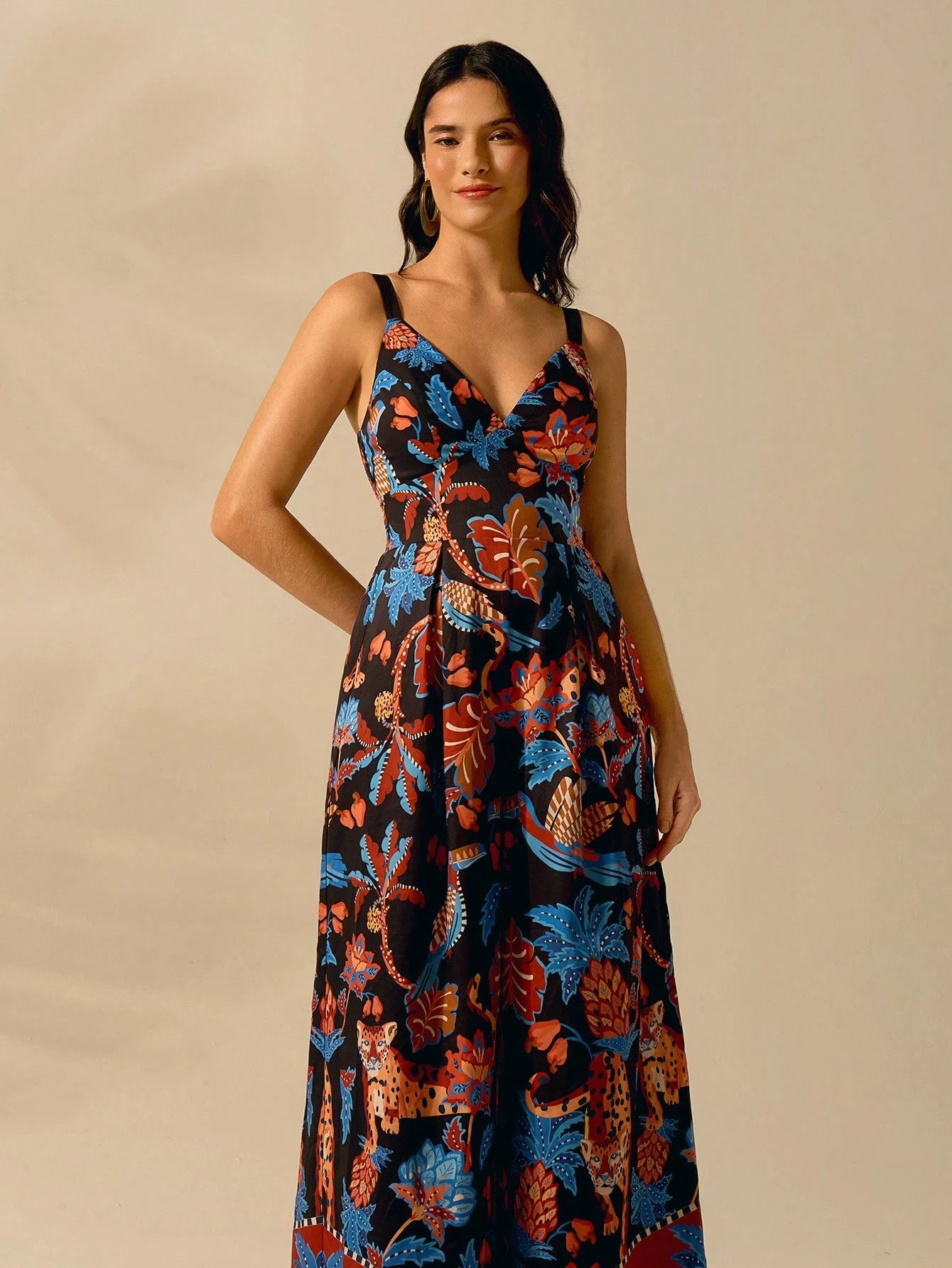 CAJUNI Macacão Preto Longo Estampado com Estampa Boêmia de Leopardo, Abacaxi, Flora e Fauna Tropical, Sem Manga, Casual de Praia de Férias de Verão