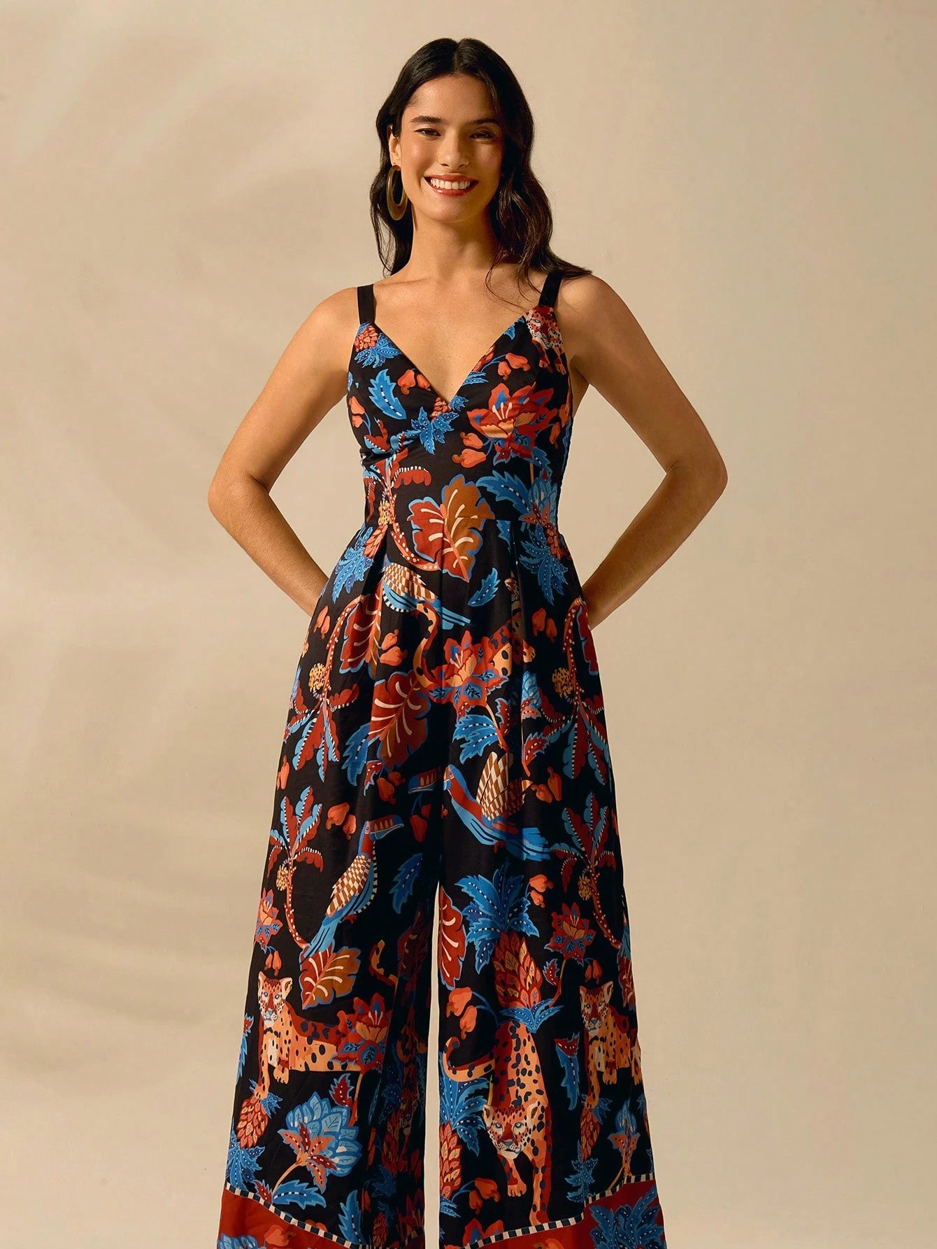 CAJUNI Macacão Preto Longo Estampado com Estampa Boêmia de Leopardo, Abacaxi, Flora e Fauna Tropical, Sem Manga, Casual de Praia de Férias de Verão