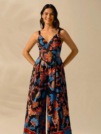 CAJUNI Macacão Preto Longo Estampado com Estampa Boêmia de Leopardo, Abacaxi, Flora e Fauna Tropical, Sem Manga, Casual de Praia de Férias de Verão