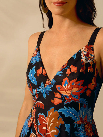 CAJUNI Macacão Preto Longo Estampado com Estampa Boêmia de Leopardo, Abacaxi, Flora e Fauna Tropical, Sem Manga, Casual de Praia de Férias de Verão