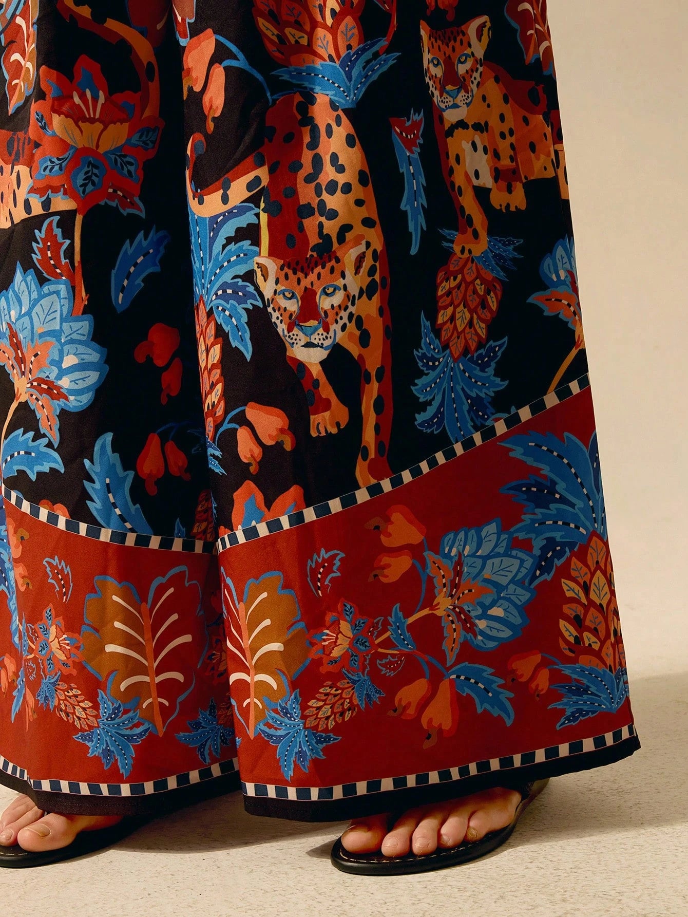 CAJUNI Macacão Preto Longo Estampado com Estampa Boêmia de Leopardo, Abacaxi, Flora e Fauna Tropical, Sem Manga, Casual de Praia de Férias de Verão