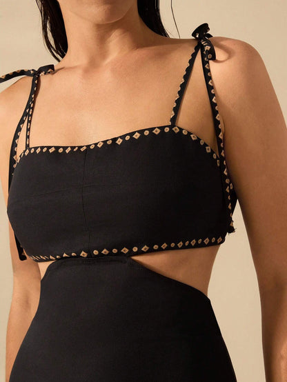 Vestido Estampa de Árvore de Banana com Amarração Oca na Cintura Sem Mangas