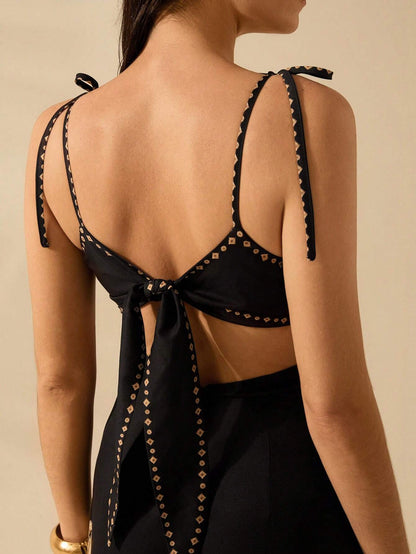 Vestido Estampa de Árvore de Banana com Amarração Oca na Cintura Sem Mangas