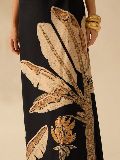 Vestido Estampa de Árvore de Banana com Amarração Oca na Cintura Sem Mangas