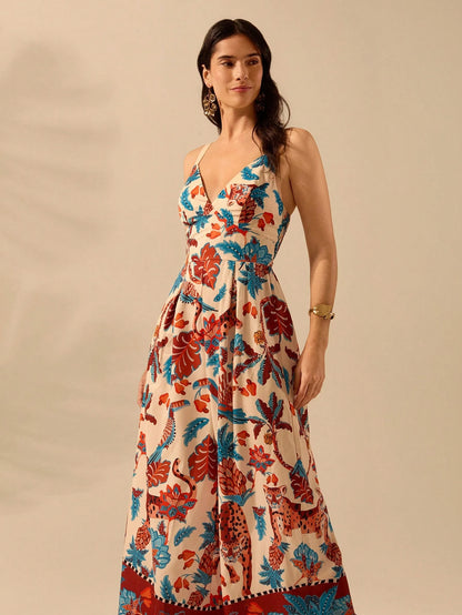 CAJUNI Macacão Preto Longo Estampado com Estampa Boêmia de Leopardo, Abacaxi, Flora e Fauna Tropical, Sem Manga, Casual de Praia de Férias de Verão