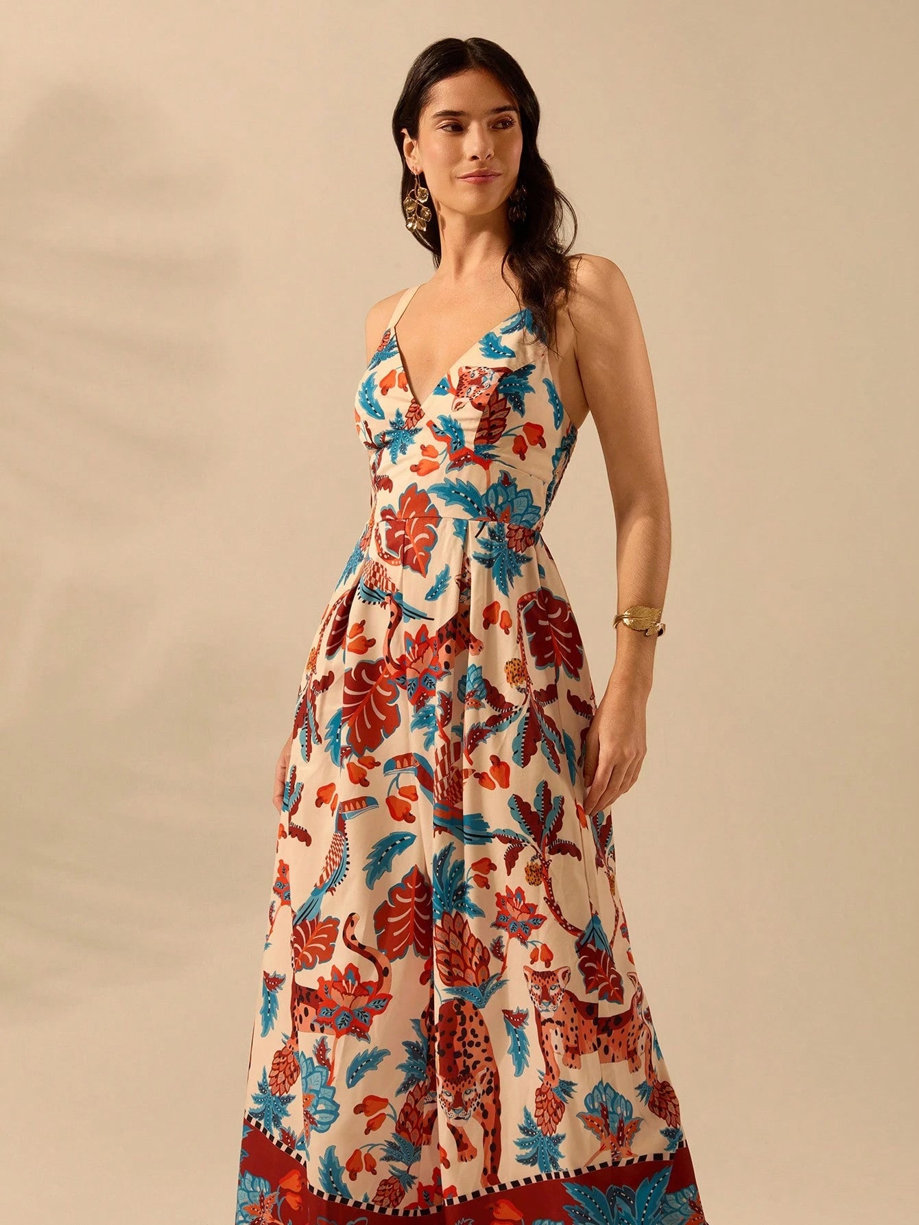 CAJUNI Macacão Preto Longo Estampado com Estampa Boêmia de Leopardo, Abacaxi, Flora e Fauna Tropical, Sem Manga, Casual de Praia de Férias de Verão