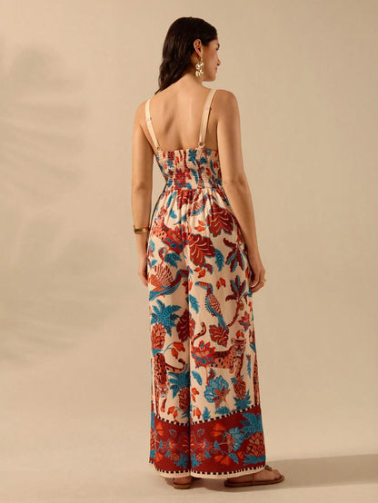 CAJUNI Macacão Preto Longo Estampado com Estampa Boêmia de Leopardo, Abacaxi, Flora e Fauna Tropical, Sem Manga, Casual de Praia de Férias de Verão