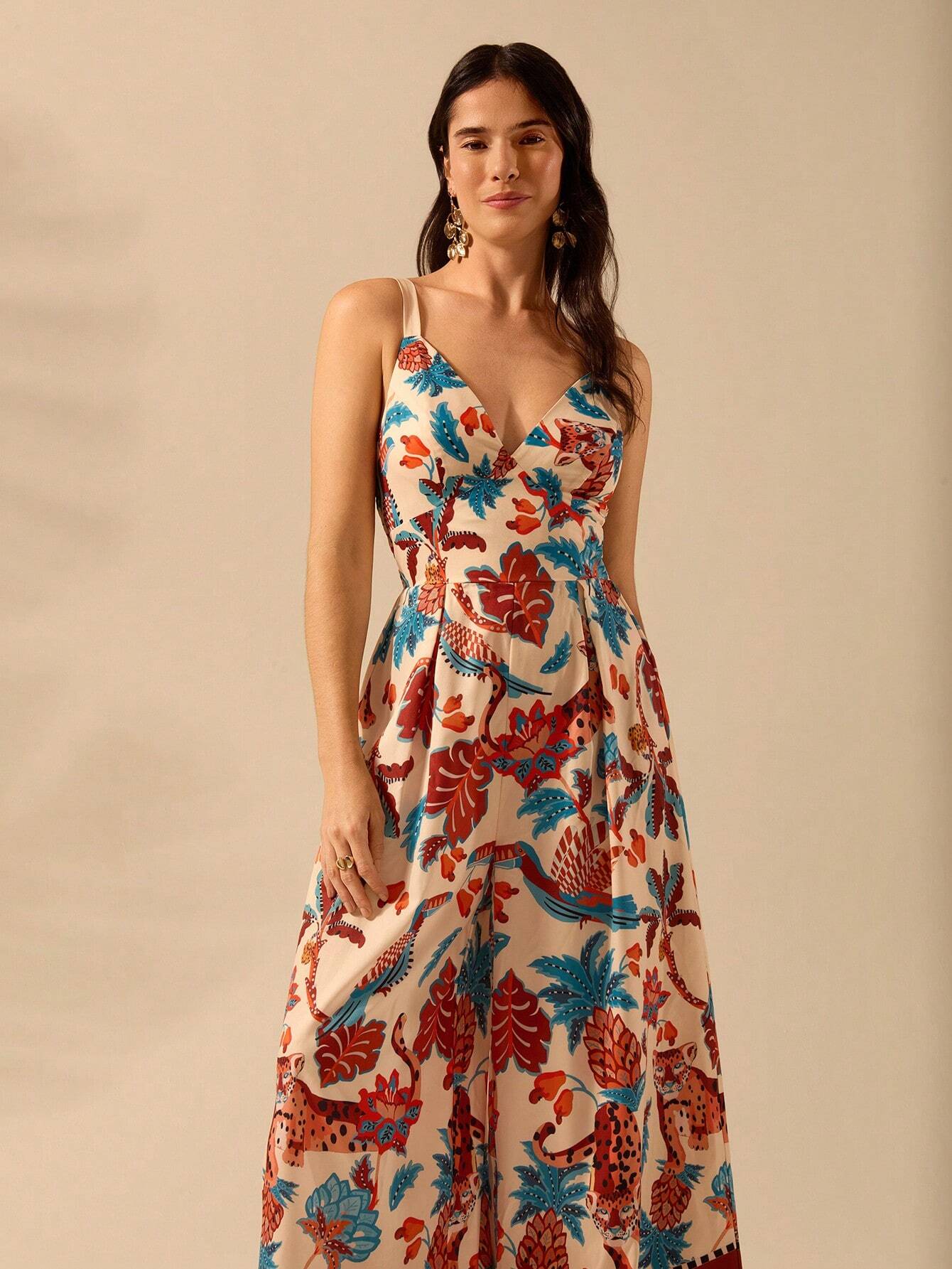 CAJUNI Macacão Preto Longo Estampado com Estampa Boêmia de Leopardo, Abacaxi, Flora e Fauna Tropical, Sem Manga, Casual de Praia de Férias de Verão