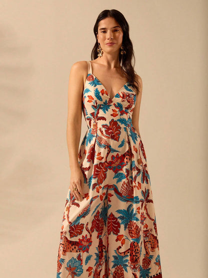 CAJUNI Macacão Preto Longo Estampado com Estampa Boêmia de Leopardo, Abacaxi, Flora e Fauna Tropical, Sem Manga, Casual de Praia de Férias de Verão