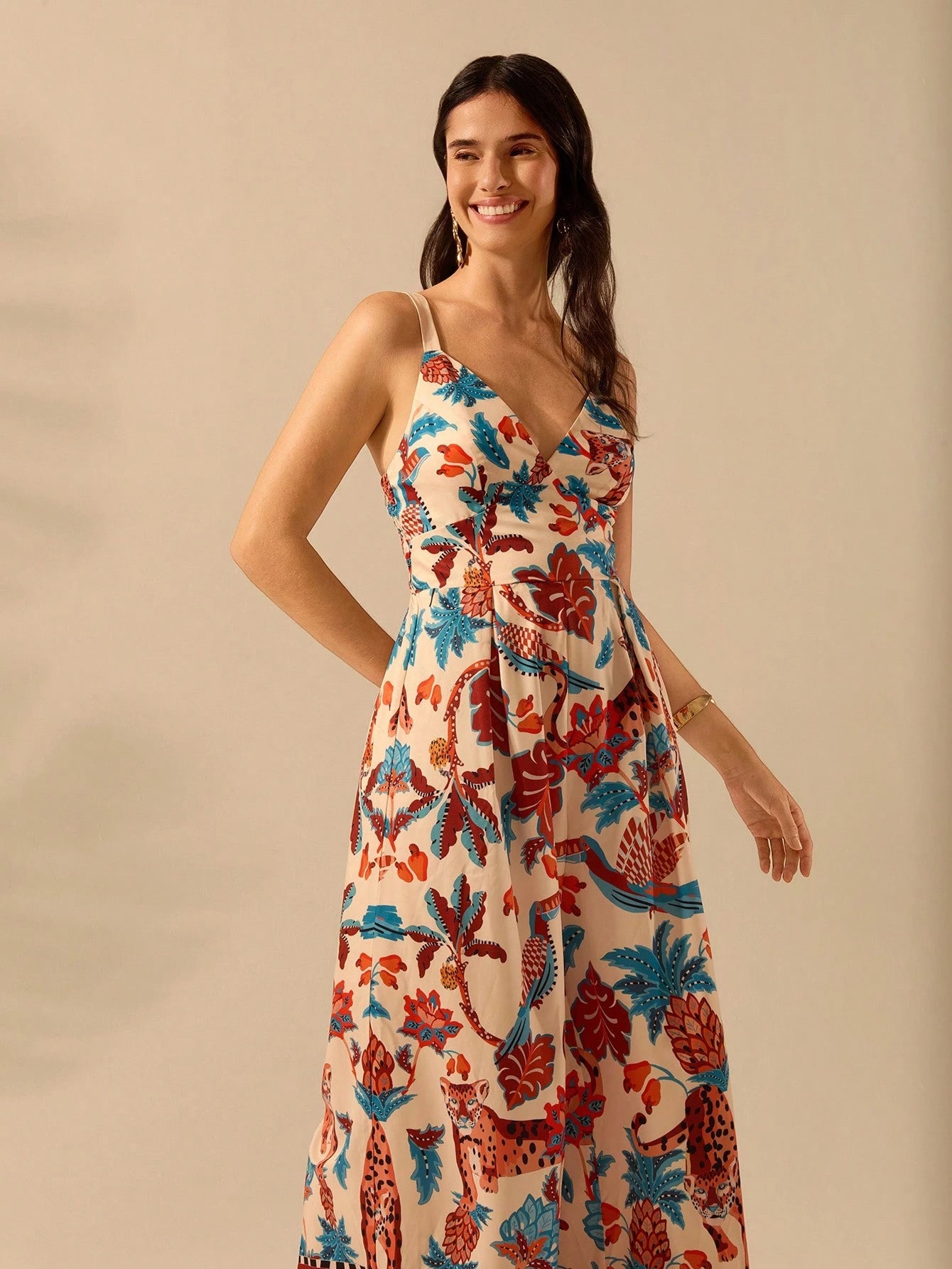 CAJUNI Macacão Preto Longo Estampado com Estampa Boêmia de Leopardo, Abacaxi, Flora e Fauna Tropical, Sem Manga, Casual de Praia de Férias de Verão