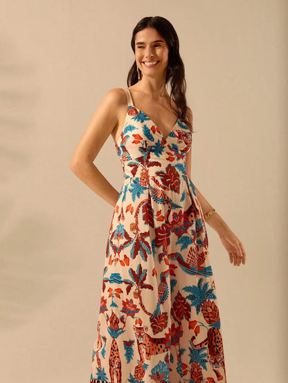 CAJUNI Macacão Preto Longo Estampado com Estampa Boêmia de Leopardo, Abacaxi, Flora e Fauna Tropical, Sem Manga, Casual de Praia de Férias de Verão