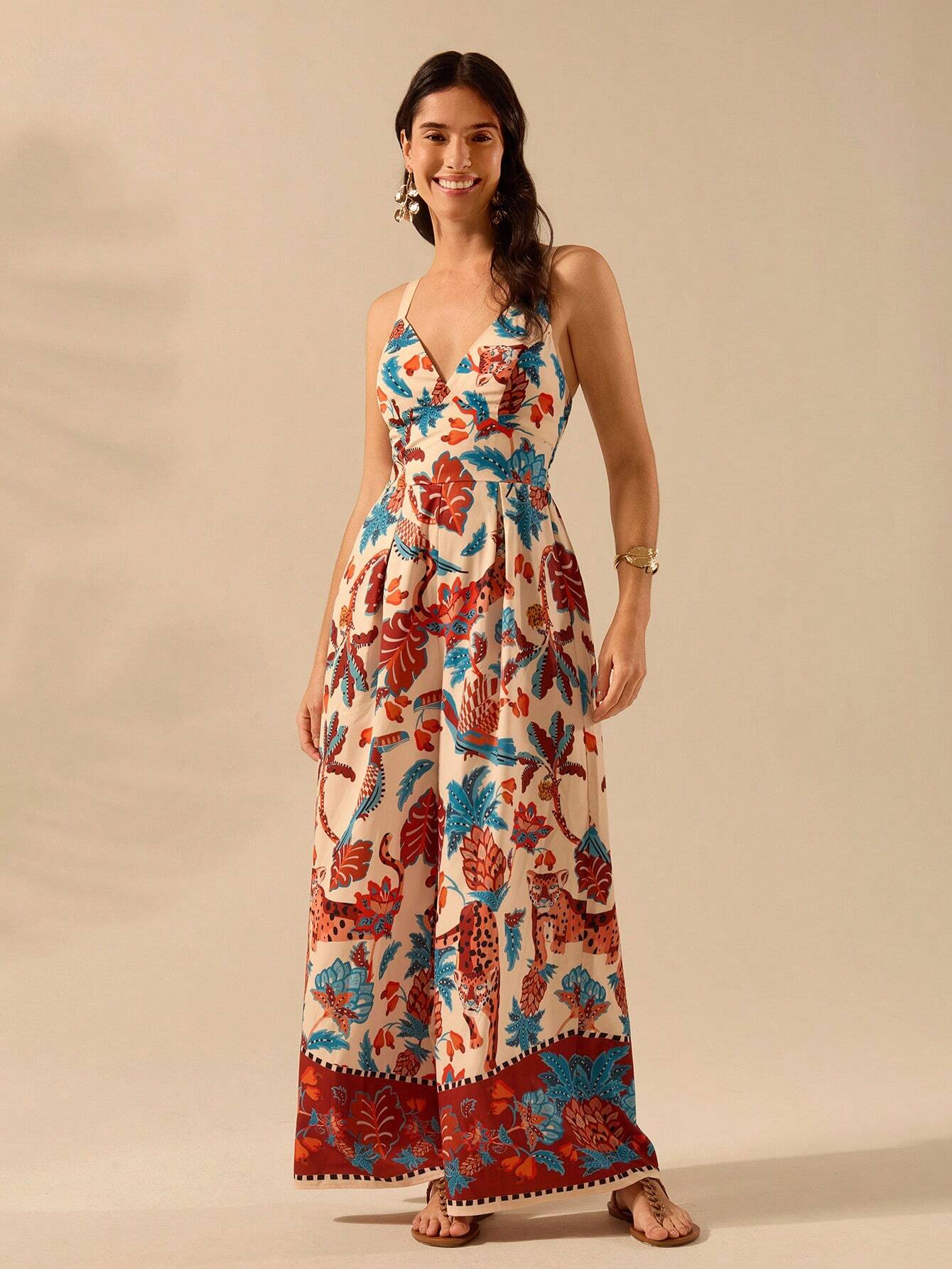 CAJUNI Macacão Preto Longo Estampado com Estampa Boêmia de Leopardo, Abacaxi, Flora e Fauna Tropical, Sem Manga, Casual de Praia de Férias de Verão