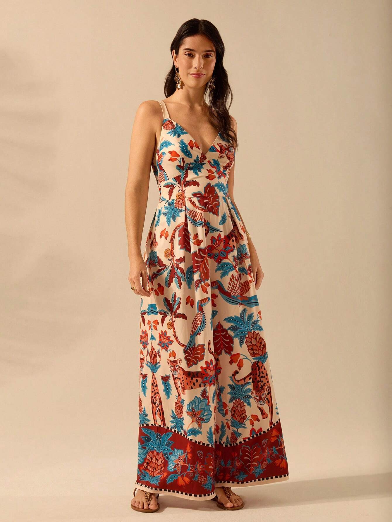 CAJUNI Macacão Preto Longo Estampado com Estampa Boêmia de Leopardo, Abacaxi, Flora e Fauna Tropical, Sem Manga, Casual de Praia de Férias de Verão