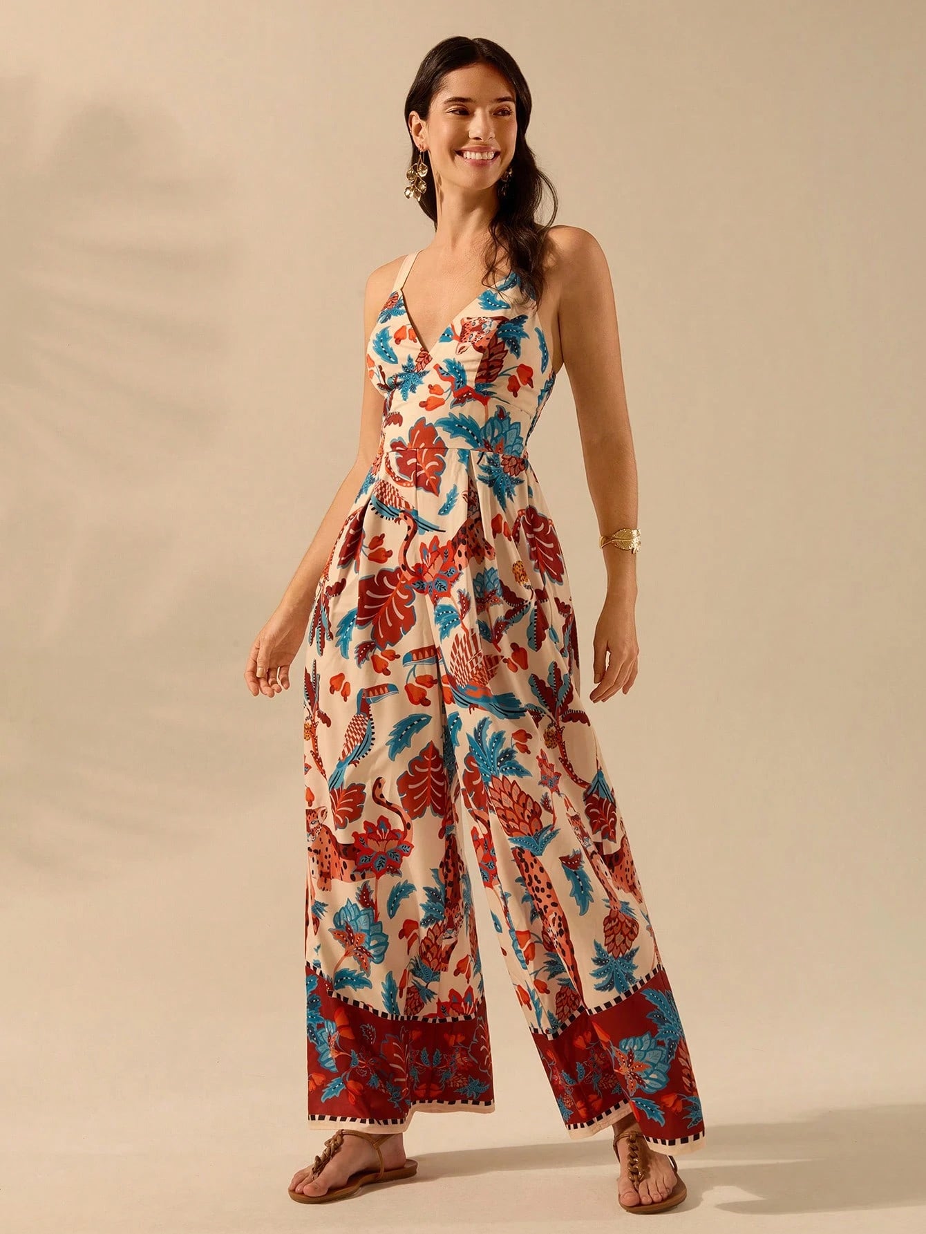 CAJUNI Macacão Preto Longo Estampado com Estampa Boêmia de Leopardo, Abacaxi, Flora e Fauna Tropical, Sem Manga, Casual de Praia de Férias de Verão