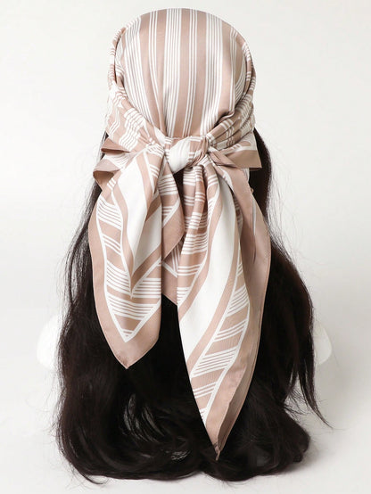 Lenço de Seda Quadrado com Estampa Listrada, Adequado para Uso Diário.