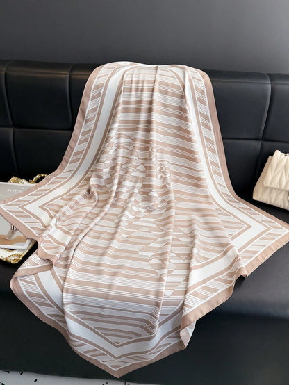 Lenço de Seda Quadrado com Estampa Listrada, Adequado para Uso Diário.