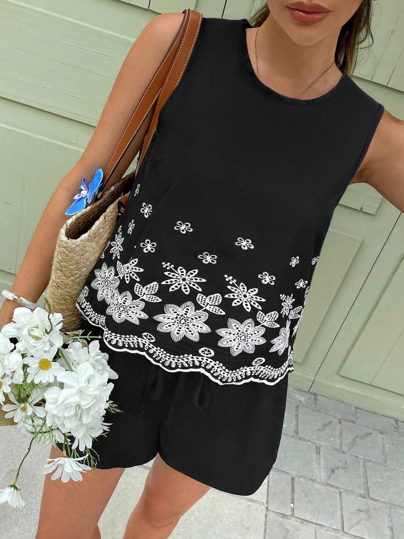  Conjunto de Top Regata e Shorts Feminino, Moda de Verão