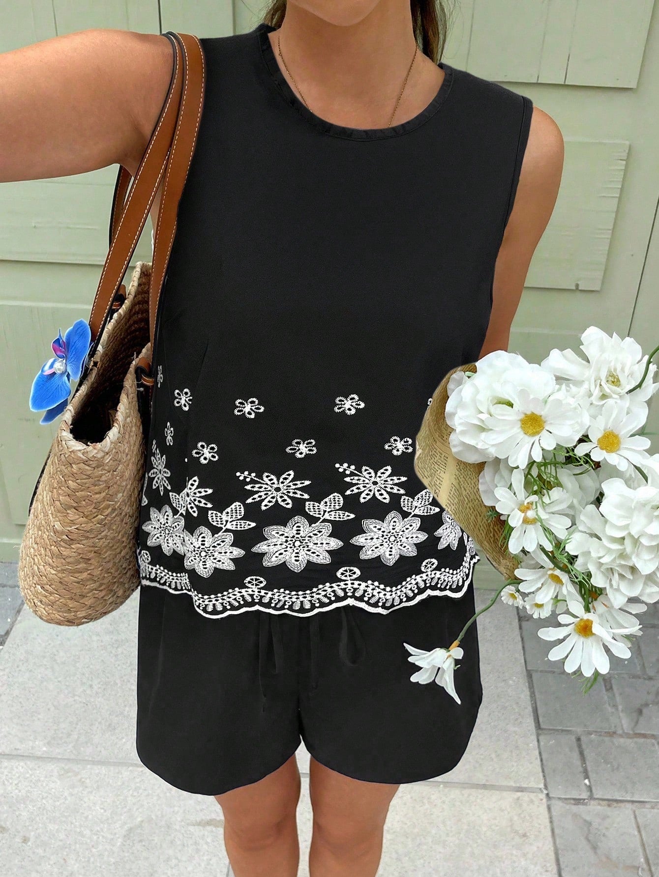  Conjunto de Top Regata e Shorts Feminino, Moda de Verão