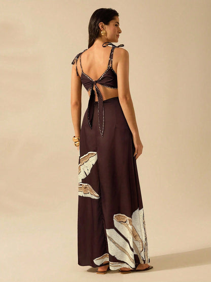 Vestido Estampa de Árvore de Banana com Amarração Oca na Cintura Sem Mangas