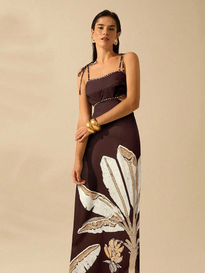 Vestido Estampa de Árvore de Banana com Amarração Oca na Cintura Sem Mangas