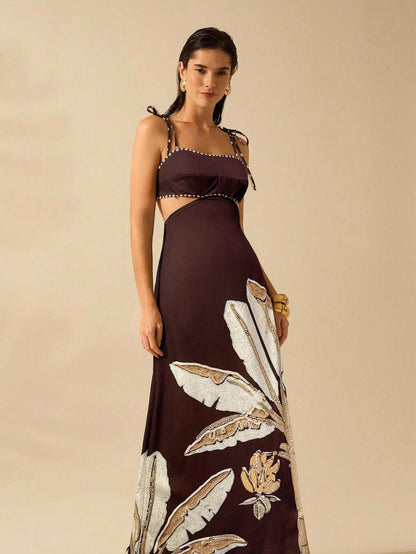 Vestido Estampa de Árvore de Banana com Amarração Oca na Cintura Sem Mangas