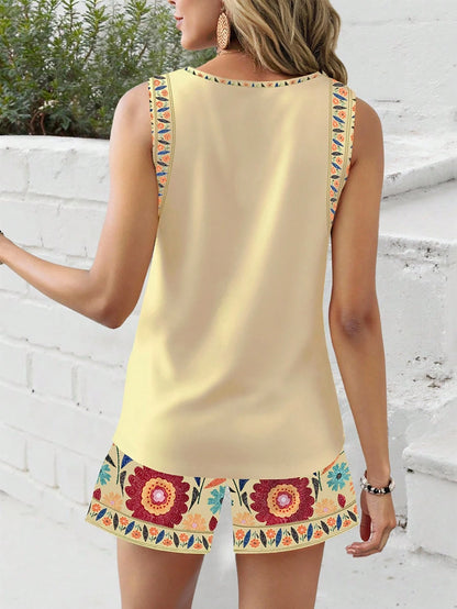  Conjunto de Regata Confortável com Estampa Floral Retrô Feminina, Estilo Vintage, Adequado para Férias de Primavera/Verão