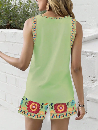  Conjunto de Regata Confortável com Estampa Floral Retrô Feminina, Estilo Vintage, Adequado para Férias de Primavera/Verão