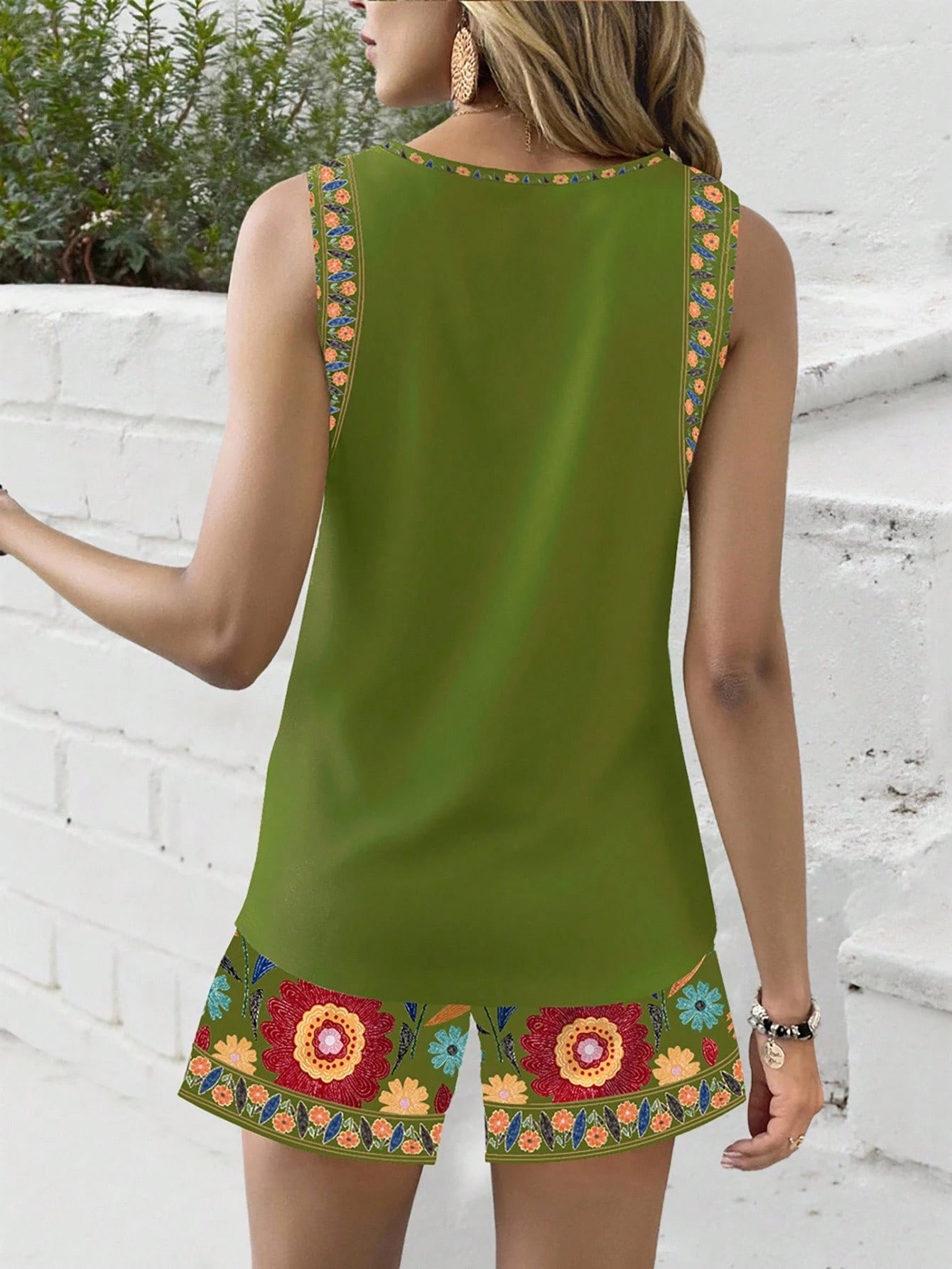  Conjunto de Regata Confortável com Estampa Floral Retrô Feminina, Estilo Vintage, Adequado para Férias de Primavera/Verão