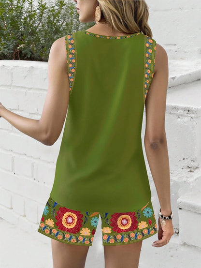  Conjunto de Regata Confortável com Estampa Floral Retrô Feminina, Estilo Vintage, Adequado para Férias de Primavera/Verão