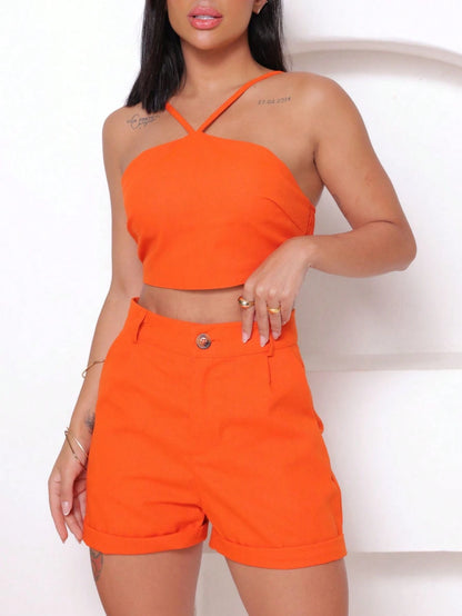 🖤 Conjunto Feminino Linho Premium – Blusa Cropped e Short Alfaiataria Fernanza