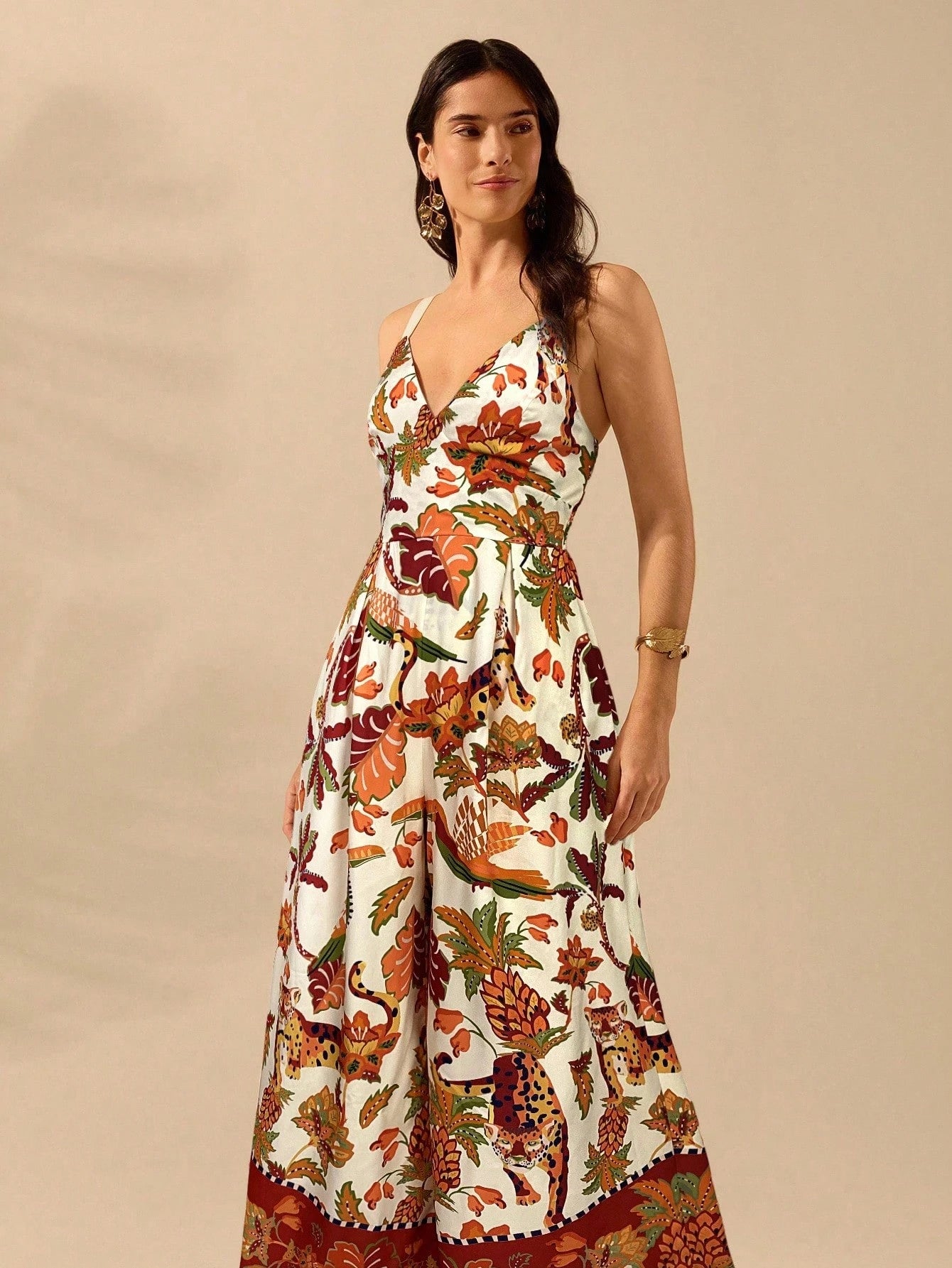 CAJUNI Macacão Preto Longo Estampado com Estampa Boêmia de Leopardo, Abacaxi, Flora e Fauna Tropical, Sem Manga, Casual de Praia de Férias de Verão