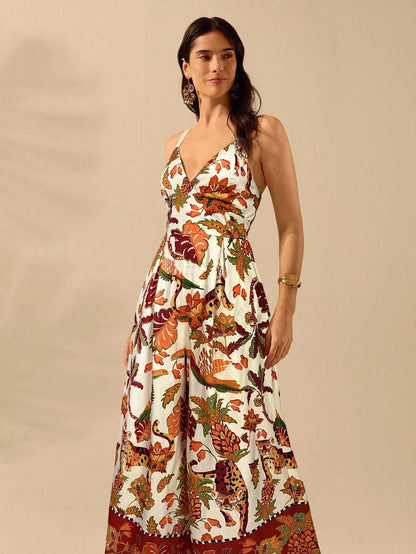 CAJUNI Macacão Preto Longo Estampado com Estampa Boêmia de Leopardo, Abacaxi, Flora e Fauna Tropical, Sem Manga, Casual de Praia de Férias de Verão