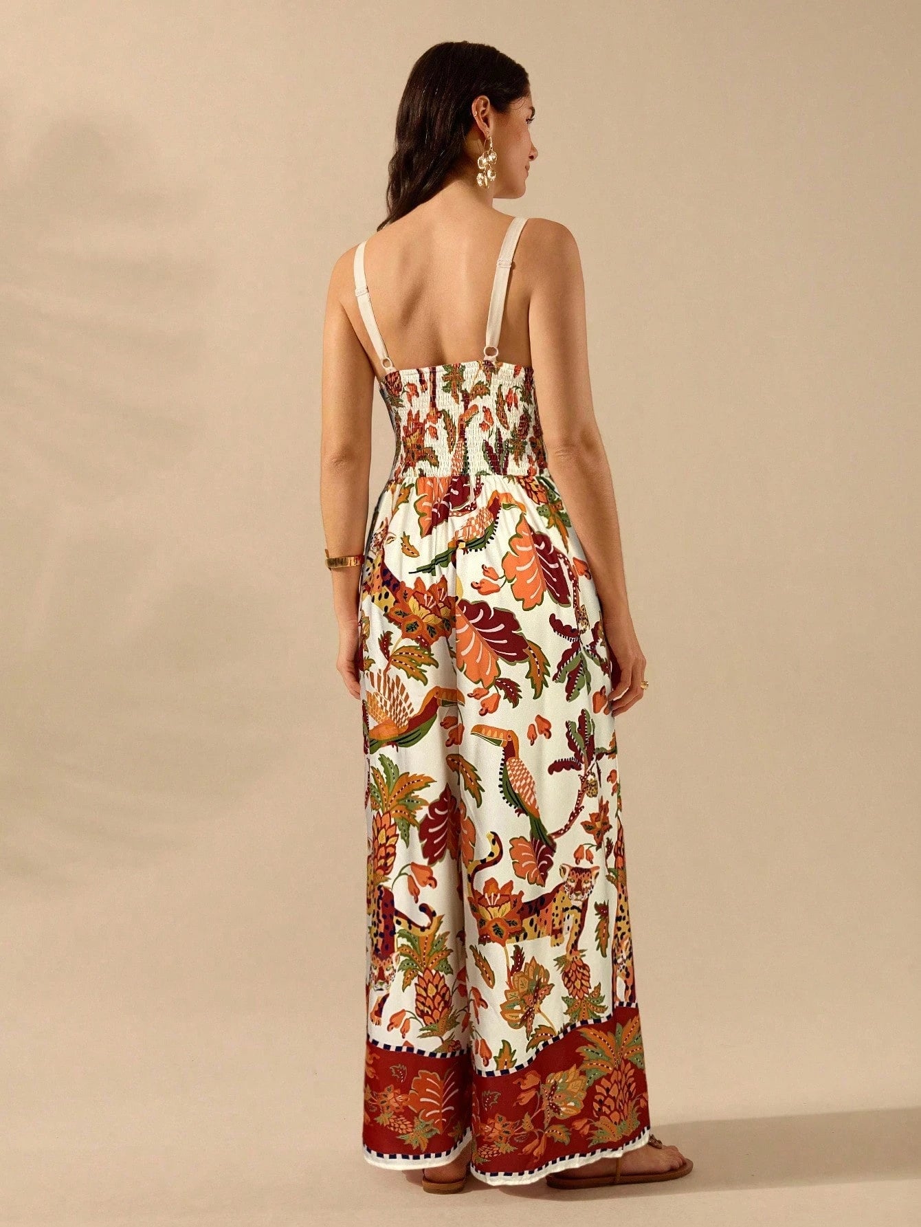 CAJUNI Macacão Preto Longo Estampado com Estampa Boêmia de Leopardo, Abacaxi, Flora e Fauna Tropical, Sem Manga, Casual de Praia de Férias de Verão