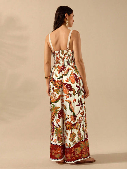 CAJUNI Macacão Preto Longo Estampado com Estampa Boêmia de Leopardo, Abacaxi, Flora e Fauna Tropical, Sem Manga, Casual de Praia de Férias de Verão