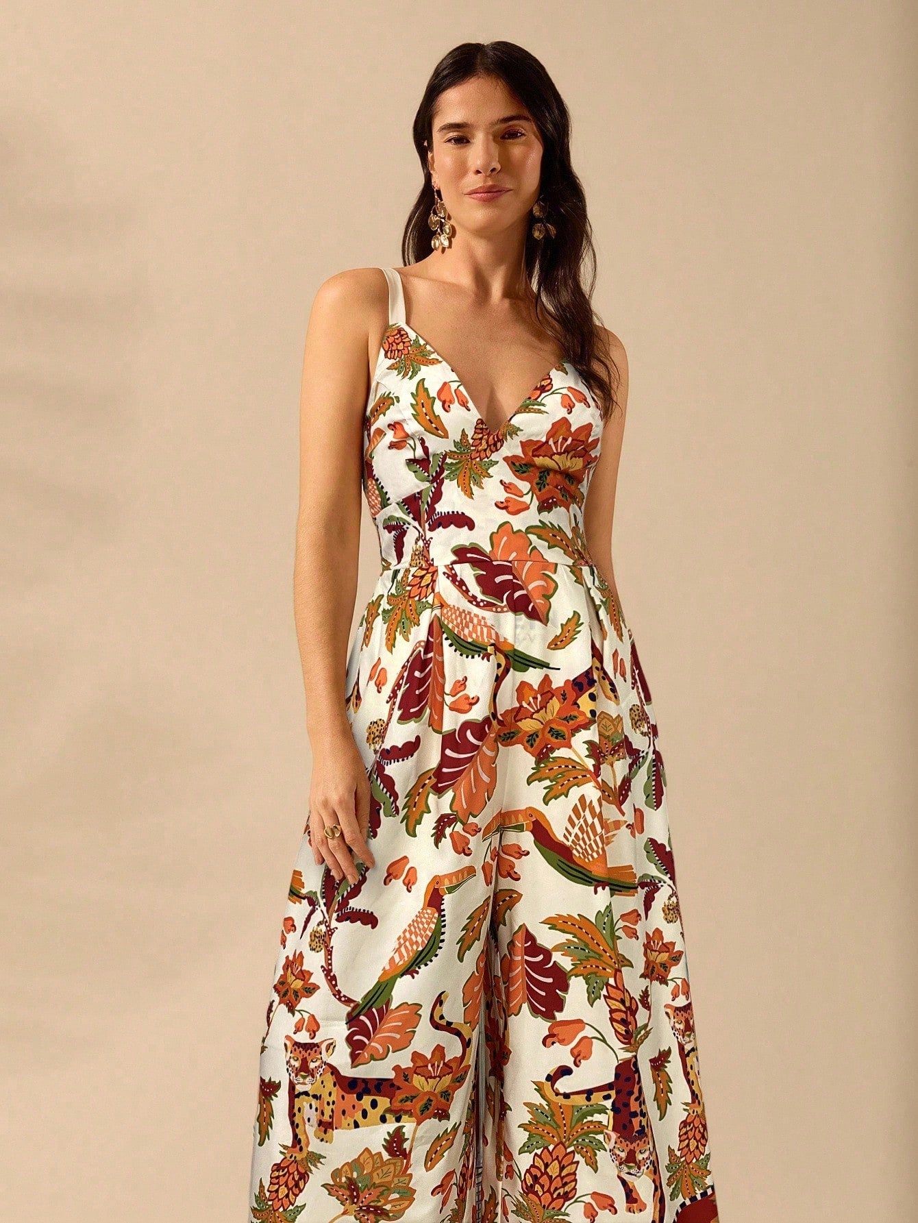 CAJUNI Macacão Preto Longo Estampado com Estampa Boêmia de Leopardo, Abacaxi, Flora e Fauna Tropical, Sem Manga, Casual de Praia de Férias de Verão