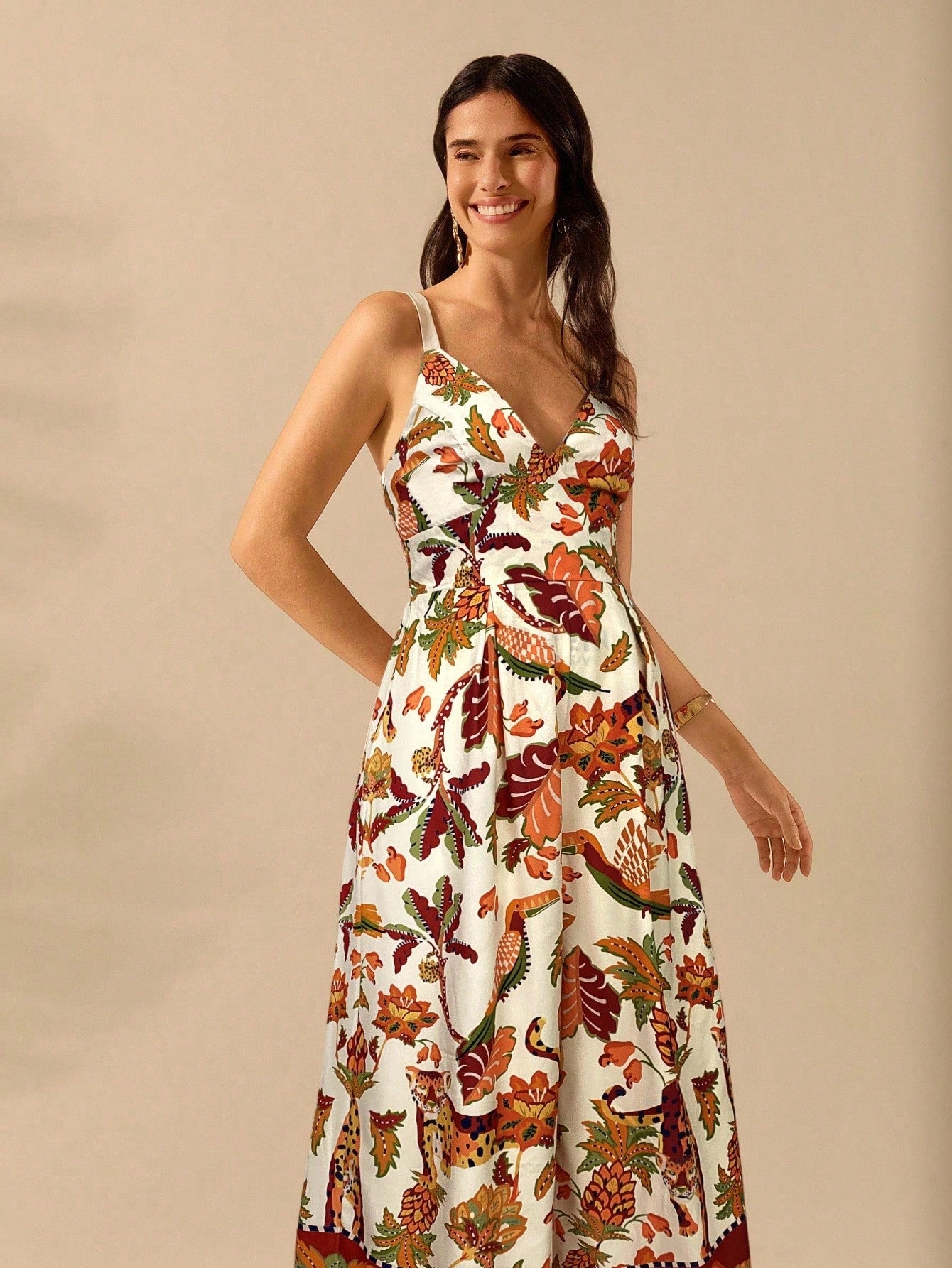 CAJUNI Macacão Preto Longo Estampado com Estampa Boêmia de Leopardo, Abacaxi, Flora e Fauna Tropical, Sem Manga, Casual de Praia de Férias de Verão