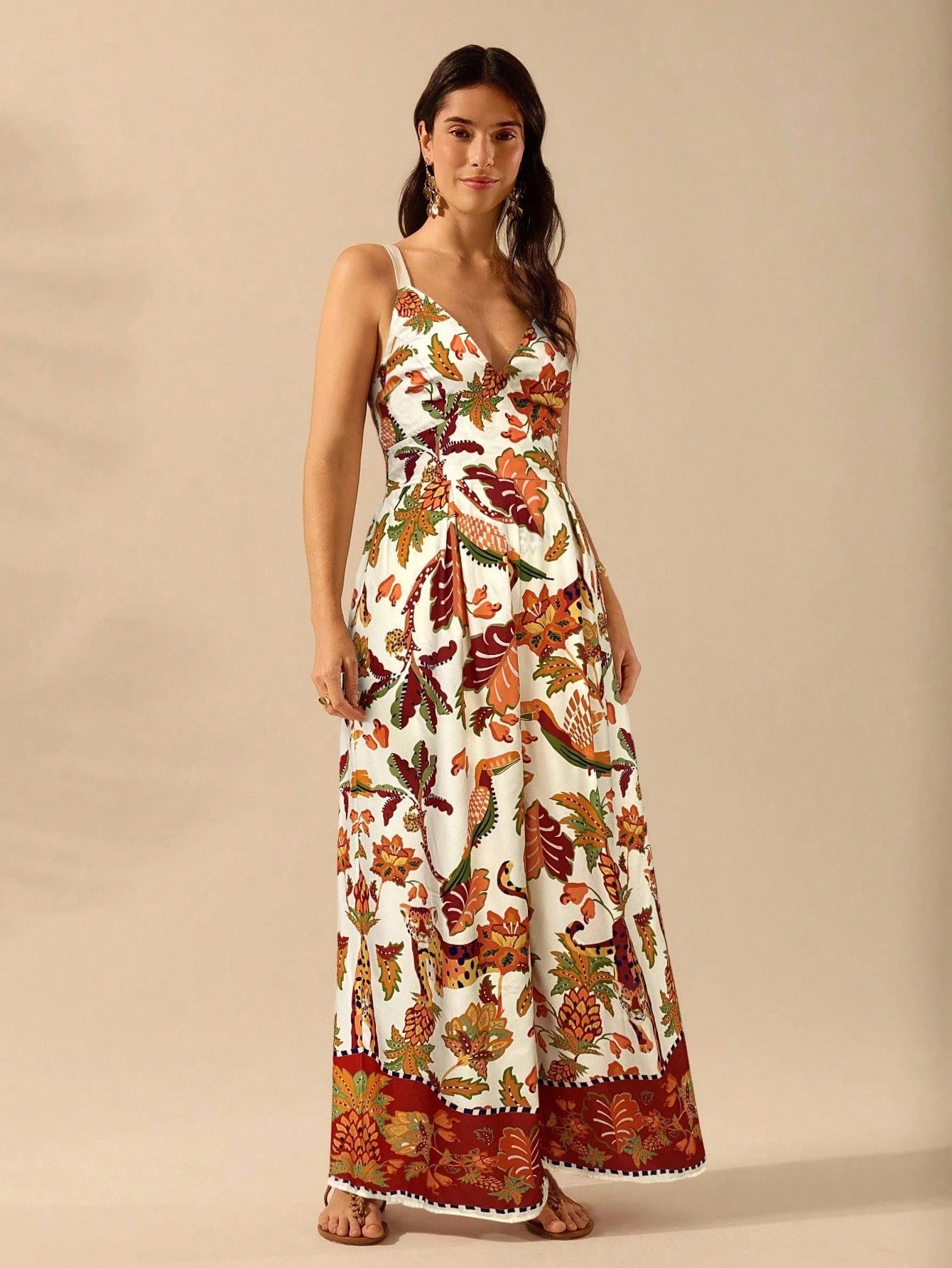 CAJUNI Macacão Preto Longo Estampado com Estampa Boêmia de Leopardo, Abacaxi, Flora e Fauna Tropical, Sem Manga, Casual de Praia de Férias de Verão