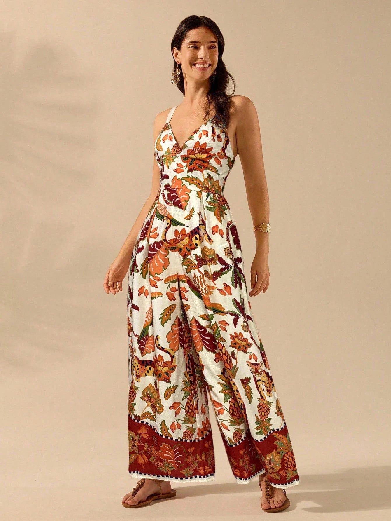 CAJUNI Macacão Preto Longo Estampado com Estampa Boêmia de Leopardo, Abacaxi, Flora e Fauna Tropical, Sem Manga, Casual de Praia de Férias de Verão