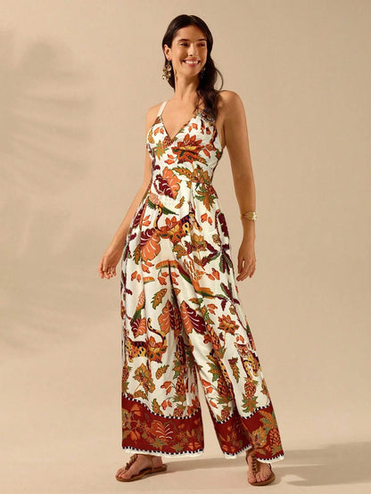 CAJUNI Macacão Preto Longo Estampado com Estampa Boêmia de Leopardo, Abacaxi, Flora e Fauna Tropical, Sem Manga, Casual de Praia de Férias de Verão